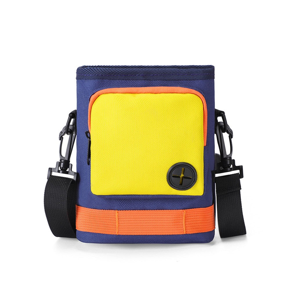 Navy dog walking bag with yellow front pocket and orange trim