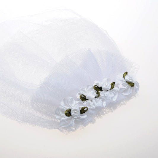 White dog wedding veil with satin roses on a hair clip