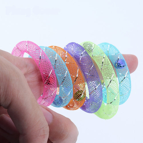 Donut cat toys: colourful mesh rings with bells looped over fingers