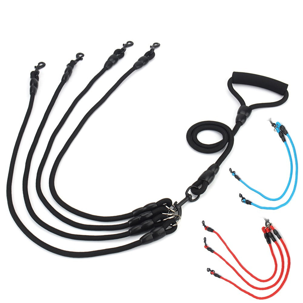 Double dog leash splitter for two, three or four dogs, black rope with foam handle