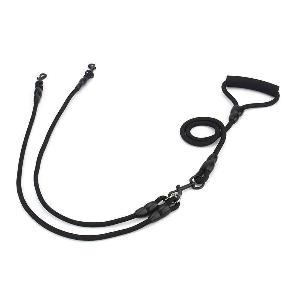 Black leash for two dogs with padded handle