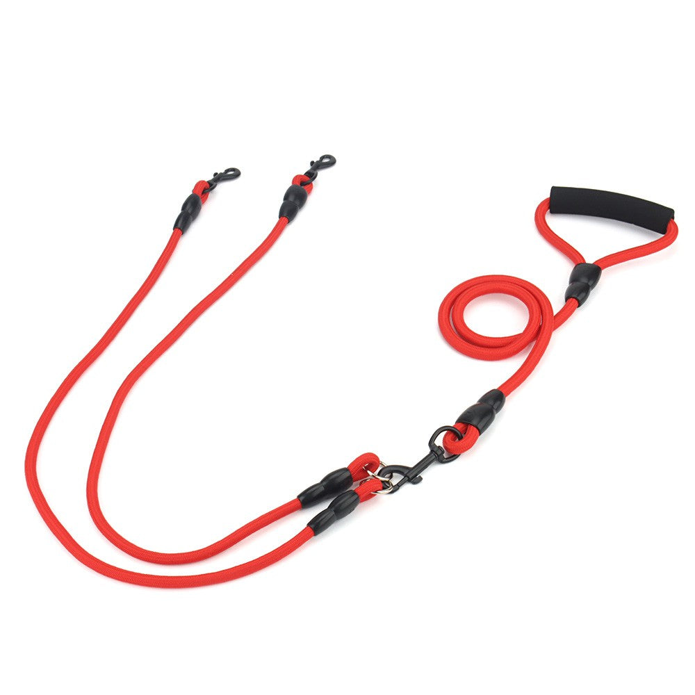 Red leash for two dogs with padded handle