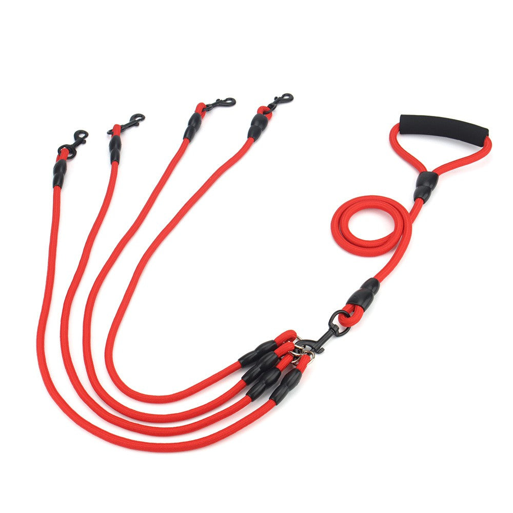 Red leash for four dogs
