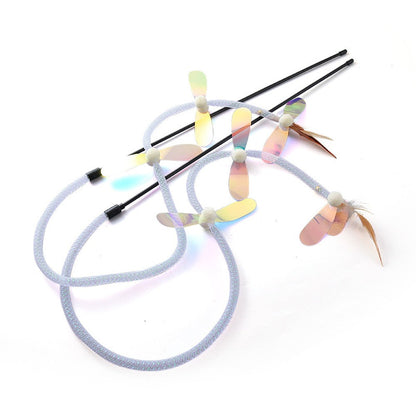 Two dragonfly cat toy wands with mesh tube bodies and shimmering wings