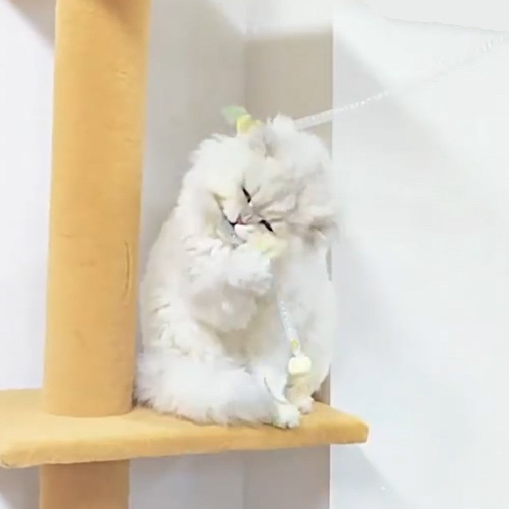 White fluffy cat playing with the dragonfly wand on a cat tree