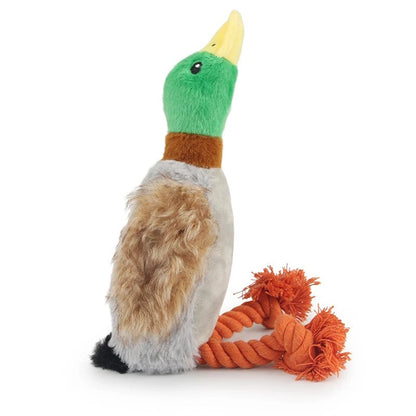 Duck dog toy with orange rope legs, grey plush mallard, side view
