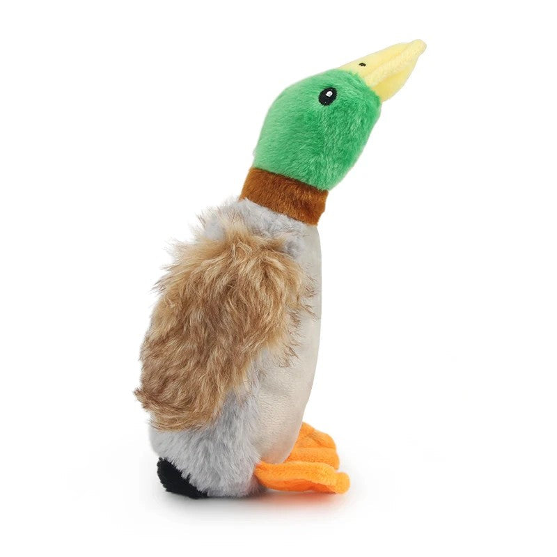 Duck dog toy with plush orange feet, grey mallard body, side view