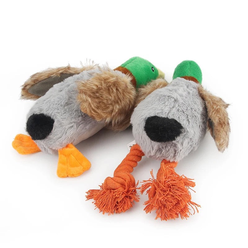 Two plush mallard dog toys lying down, back view of the feathers