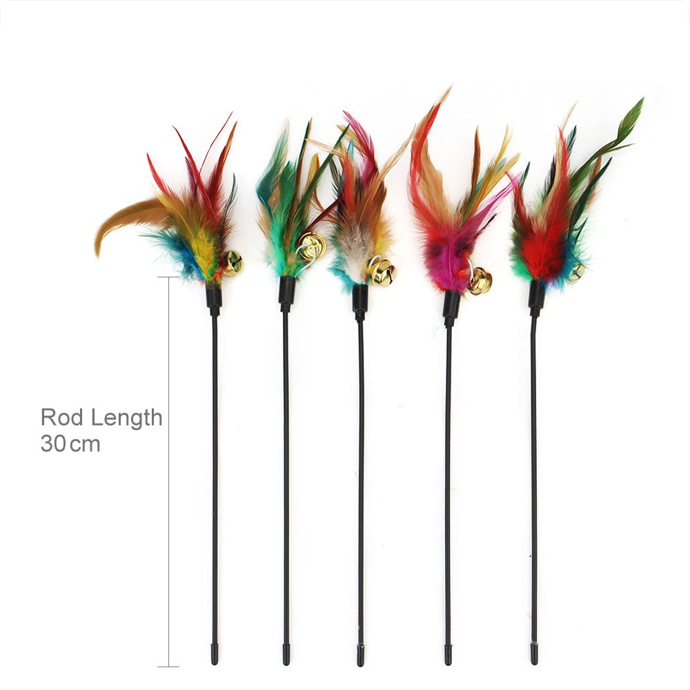 Five feather cat toys on 30 cm rods with bells