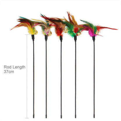 Five feather cat toys on 37 cm rods with bells