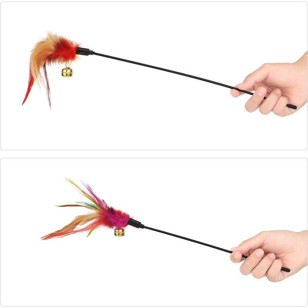 Holding the feather cat toy by the rod end to tease a cat