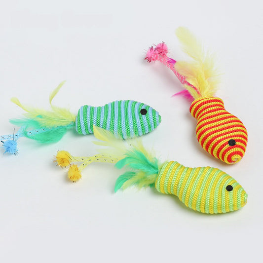 Cat chew toys: three striped rope fish in red, blue and green with feather tails
