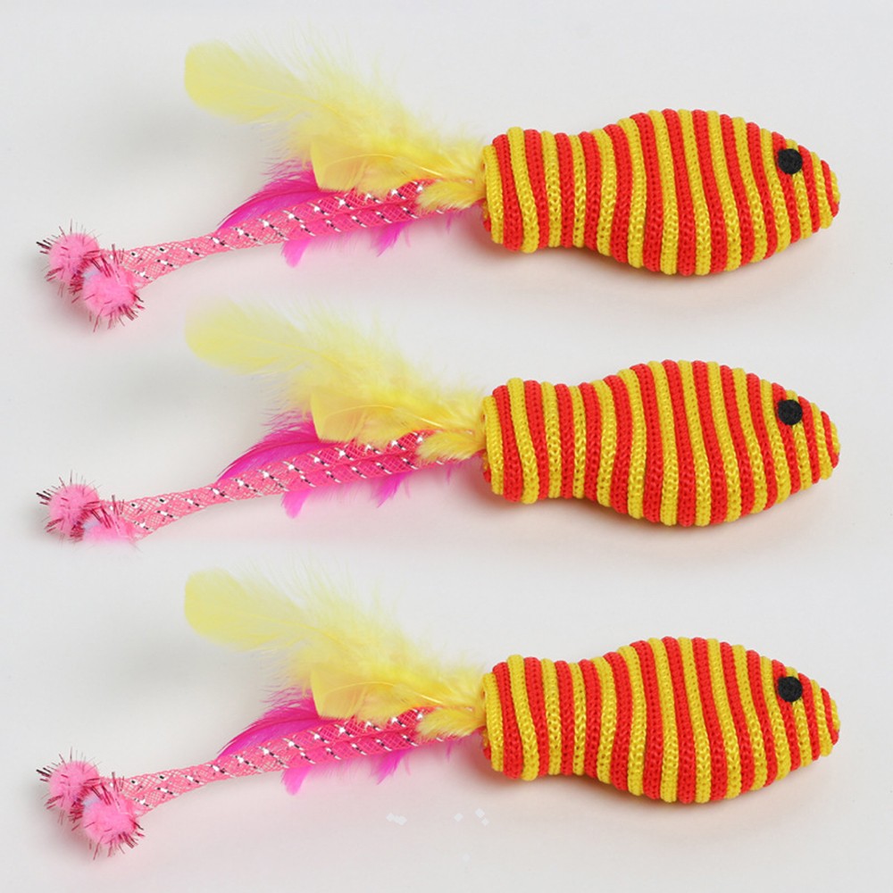 Three red striped fish cat toys with pink feather tails