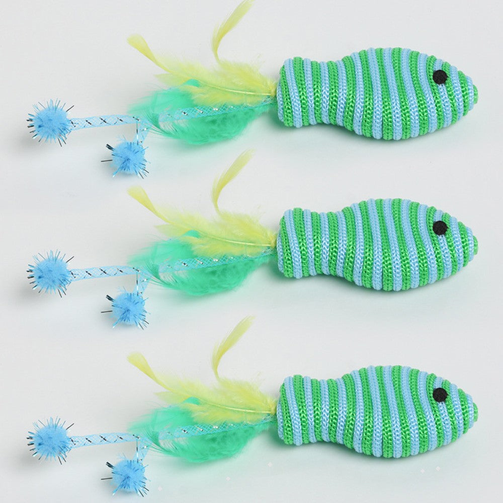 Three blue striped fish cat toys with green feather tails