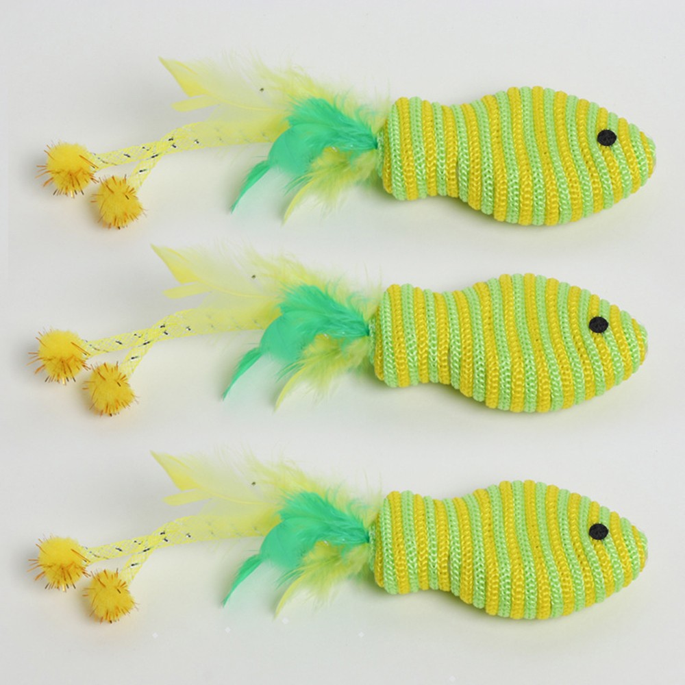 Three green striped fish cat toys with yellow feather tails