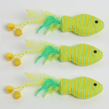 Three green striped fish cat toys with yellow feather tails