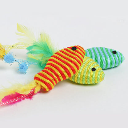 Close-up of the wound rope bodies and feathers on the fish toys