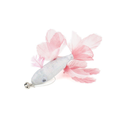 Close-up of a pink fish head with feather fins and bell
