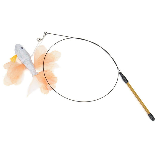 Fish cat wand with an orange feather-finned fish on a steel wire and wooden-look handle