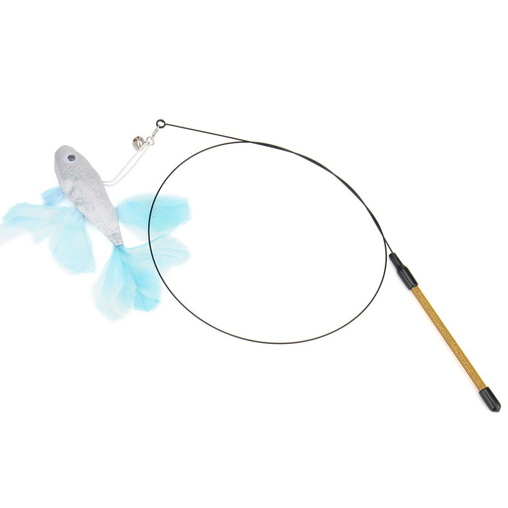 Fish cat wand with a blue feather-finned fish on a steel wire