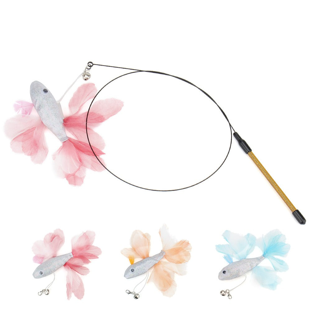Fish cat wand with a pink fish, plus pink, orange and blue fish shown below