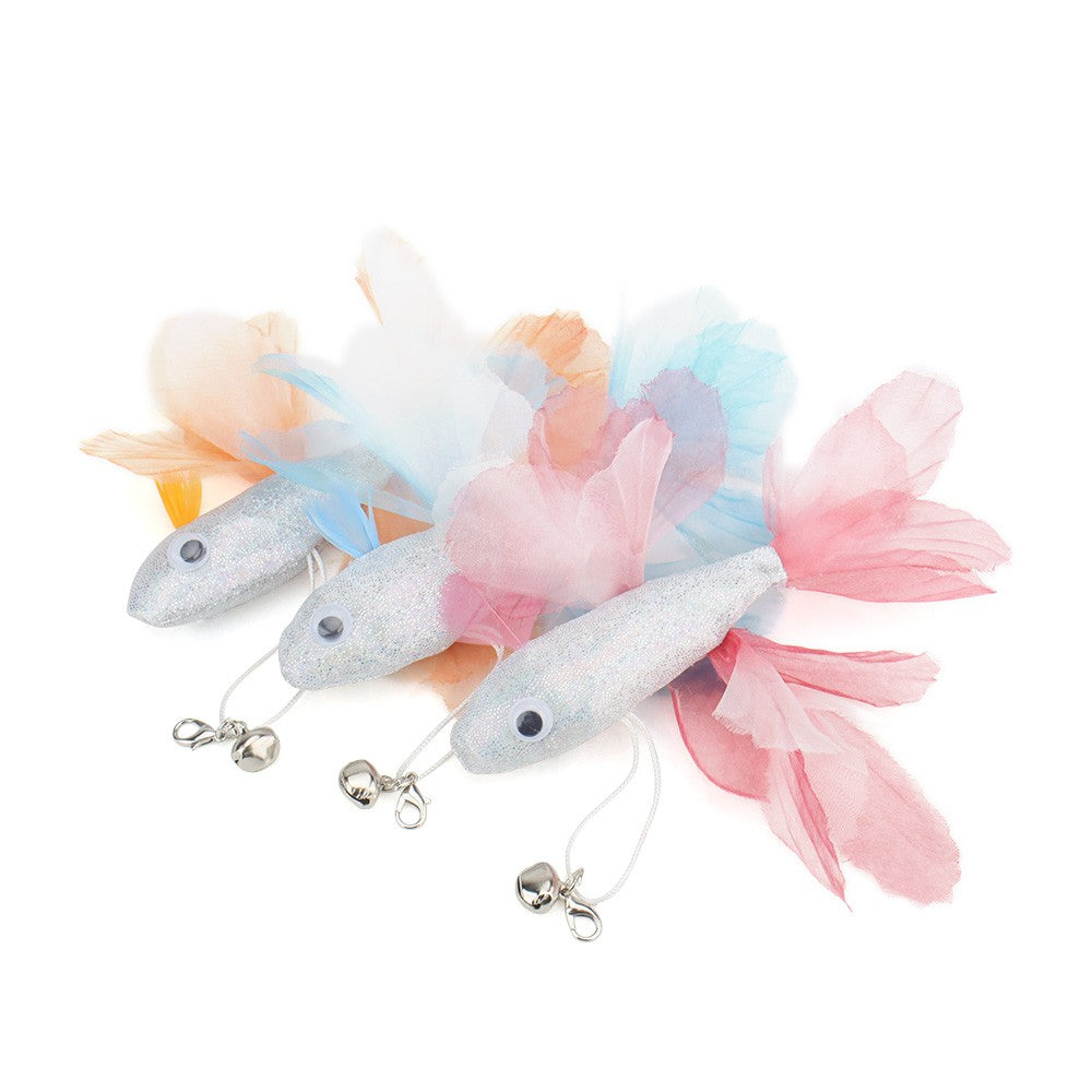 Pink, blue and orange goldfish cat teaser heads with bells