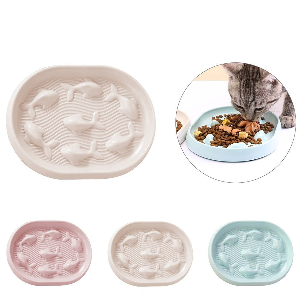 Oval fish pattern slow feeder cat bowls in cream, pink and blue