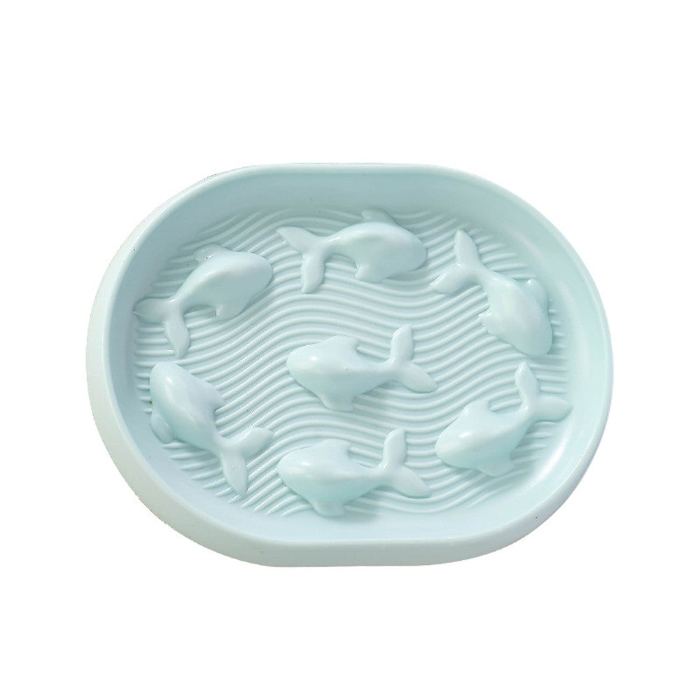 Blue oval slow feeder cat bowl with raised fish shapes
