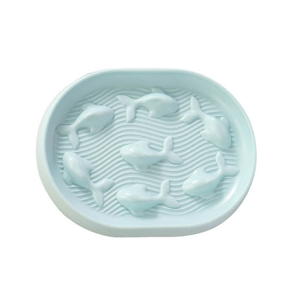 Blue oval slow feeder cat bowl with raised fish shapes