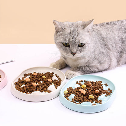 Gray cat beside two fish slow feeder bowls filled with kibble