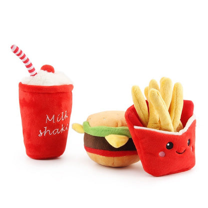 Plush milkshake, burger and fries squeaky dog toys