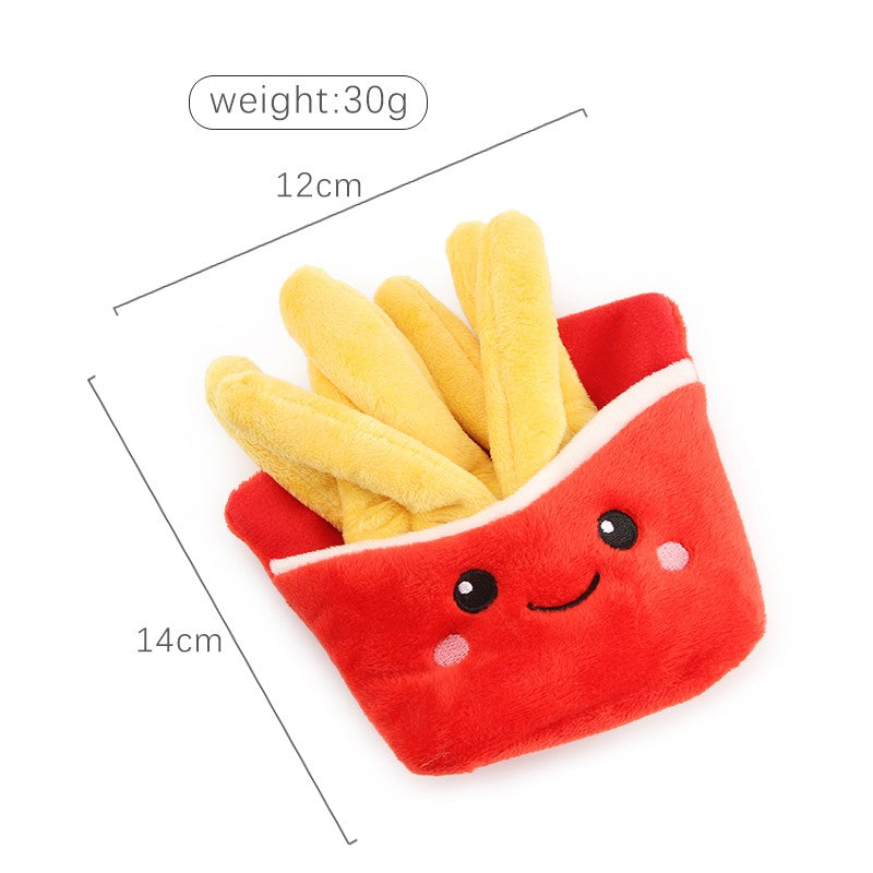 Plush fries dog toy with a smiley face, 14 x 12 cm