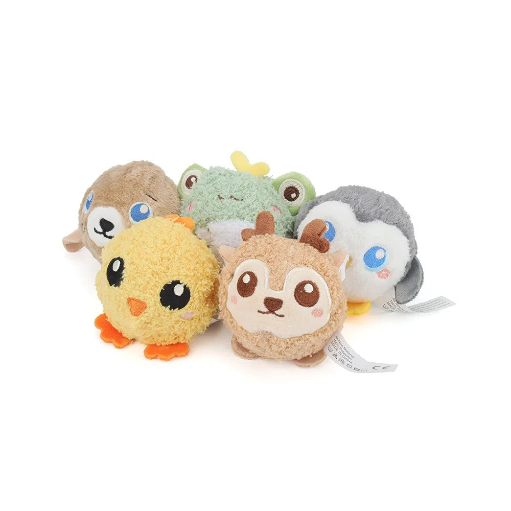 Squeaky plush ball dog toys: frog, chick, deer, sea lion and more