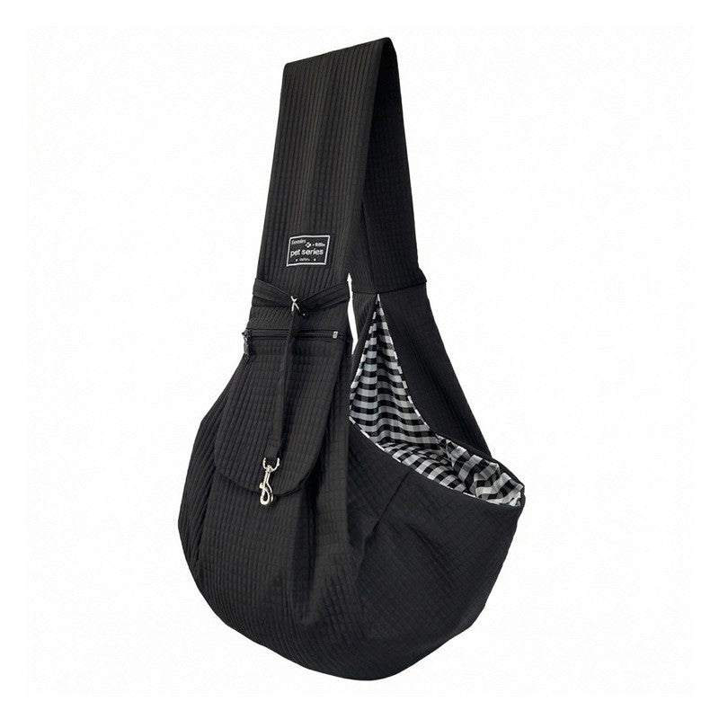 Black front dog carrier sling with gingham lining