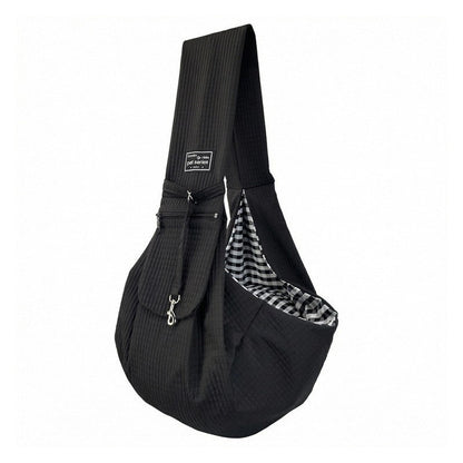 Black front dog carrier sling with gingham lining