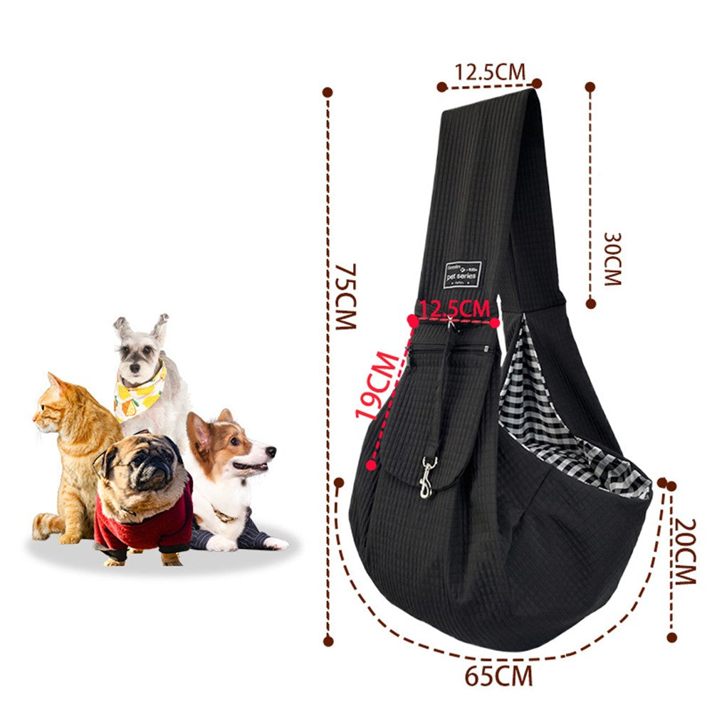Front dog carrier size: strap about 75 cm, pouch about 65 cm wide