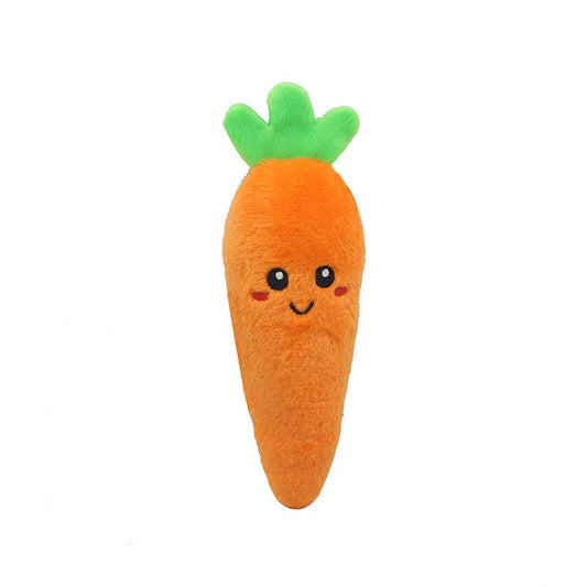 Plush carrot squeaky dog toy with a smiling face