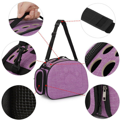 Carrier details: handle, shoulder strap, mesh window and zips