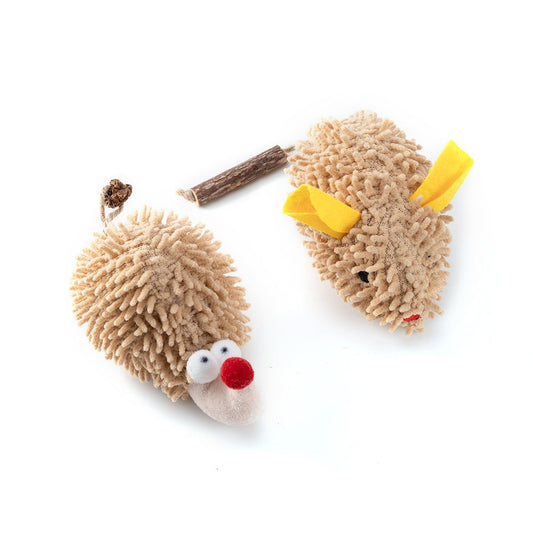 Plush hedgehog cat toy and plush mouse cat toy with stick tails