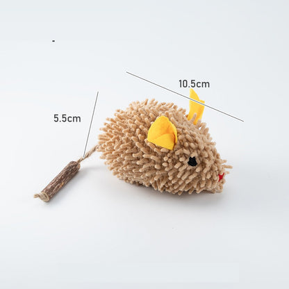 Plush mouse cat toy with a yellow ear, about 10.5 by 5.5 cm