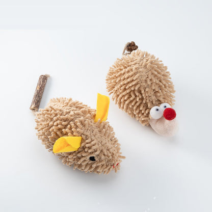 Shaggy plush hedgehog and mouse cat toys on a light background
