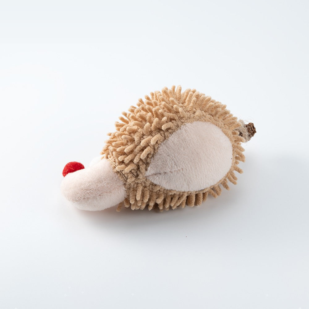 Plush hedgehog cat toy with a white face and red nose