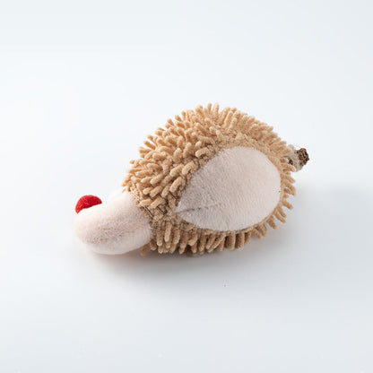 Plush hedgehog cat toy with a white face and red nose