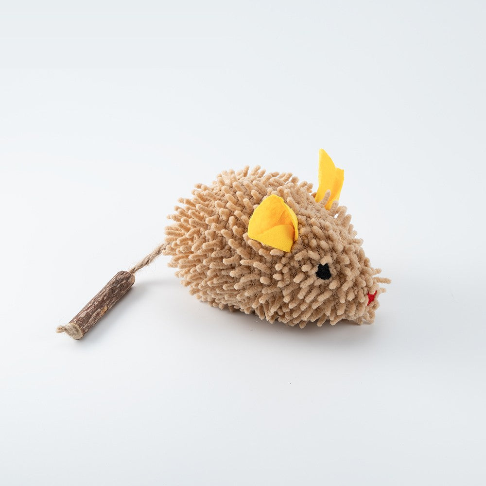 Plush mouse cat toy with a yellow felt ear and stick tail