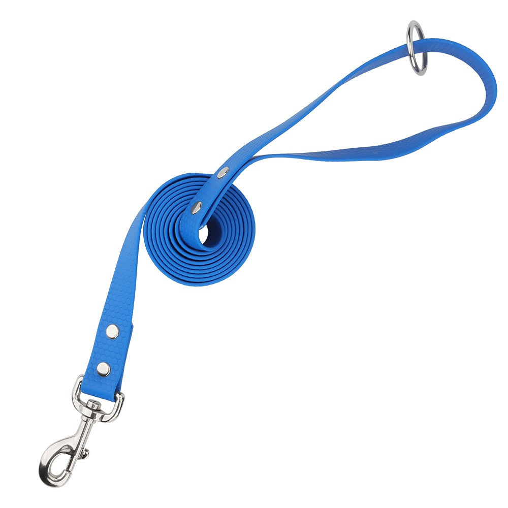 Blue honeycomb PVC leash hanging from the handle