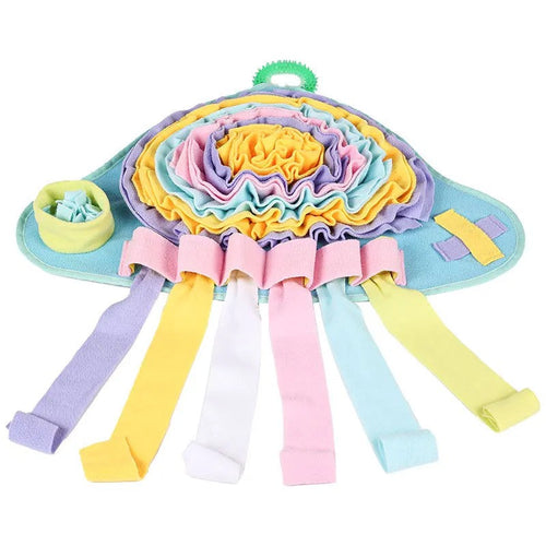 Jellyfish snuffle mat for dogs with pastel fleece tentacles