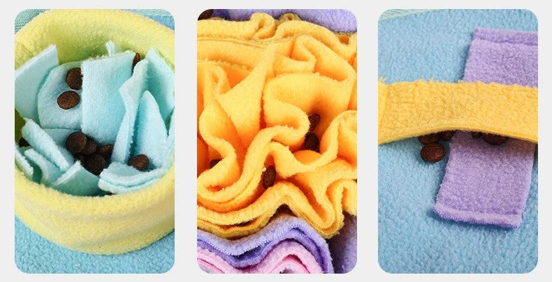 Close-up of the snuffle mat pockets, fleece petals and loop strap