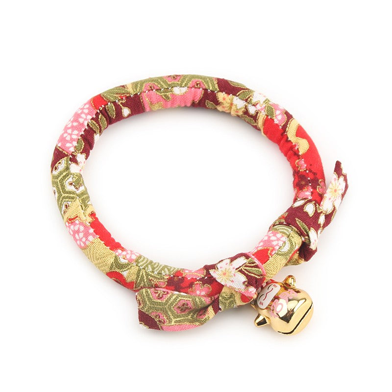 Red and gold floral kimono cat collar with bell