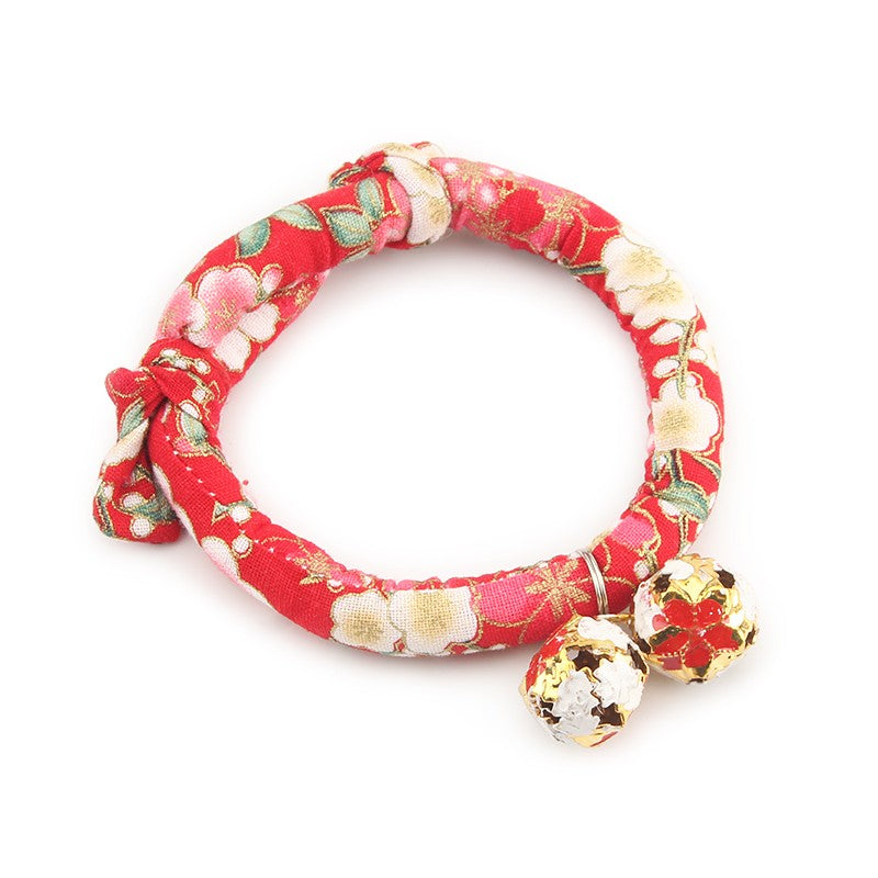 Red blossom kimono cat collar with bells