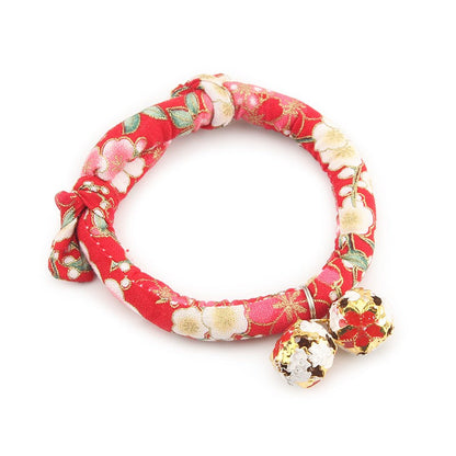 Red blossom kimono cat collar with bells